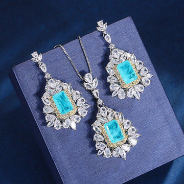 Luxury 8*12mm Paraiba Tourmaline Pendant Necklace Drop Earrings for Women - Charming Fine Jewellery Set - The Jewellery Supermarket